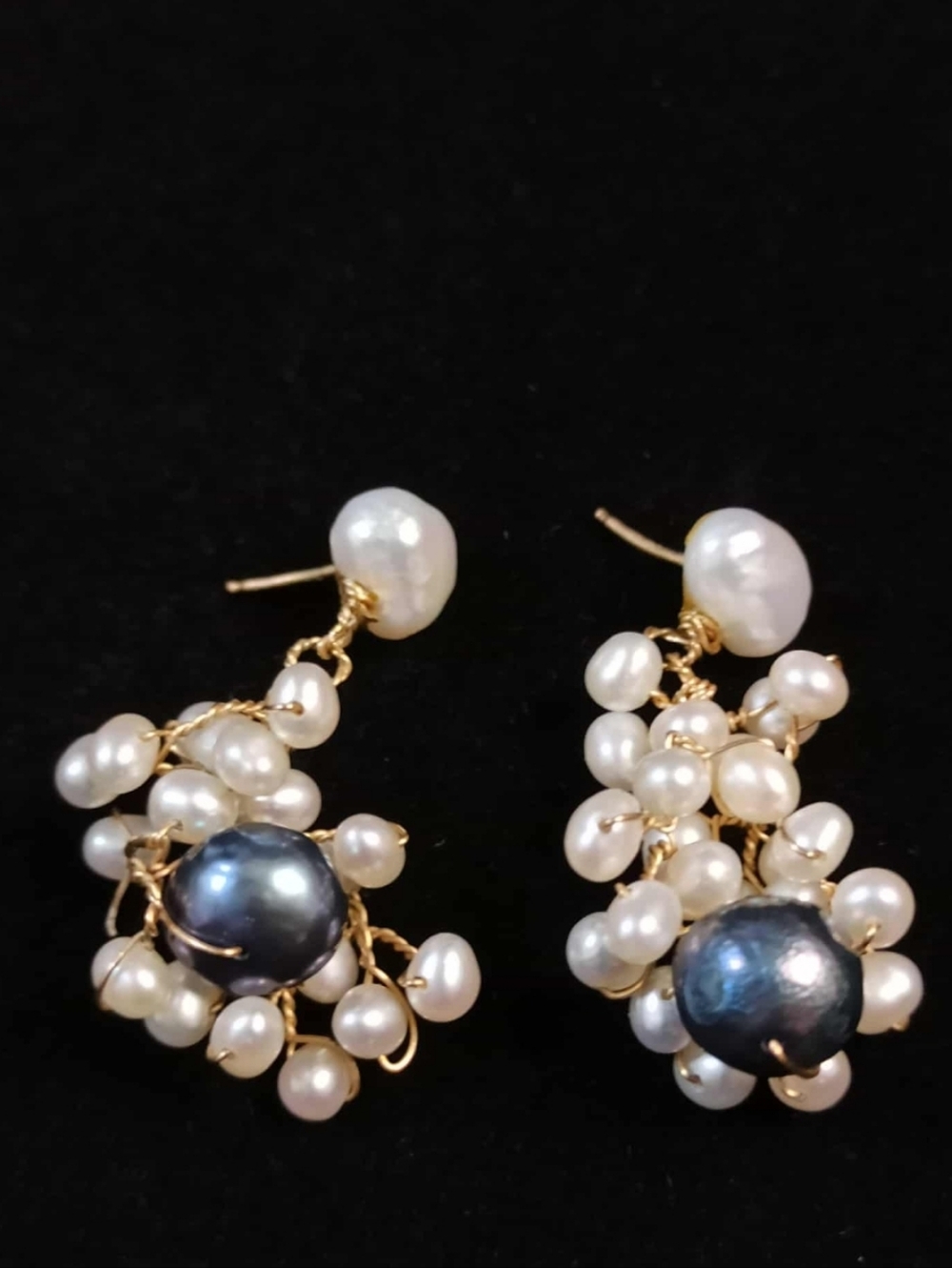 Vintage 14K Gold Freshwater and Tahitian Pearl Cluster Earrings Statement Design
